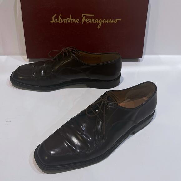Salvatore Ferragamo 8.5 D Corrado Lace Oxford Brown Leather VTG Italy Authentic main image 8